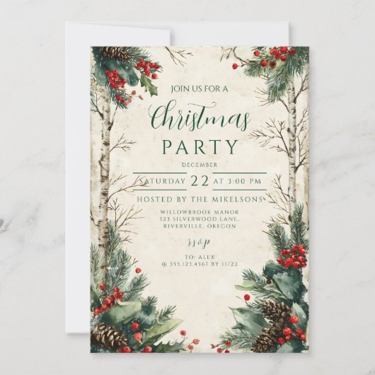 Rustikales Birch Pinecone Weihnachtsgebäck Party Einladung (Vorderseite)