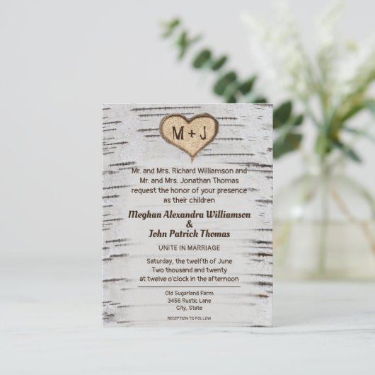 Rustikales Birch Tree Herzenslust Einladung Postkarte (Stehend Vorderseite)