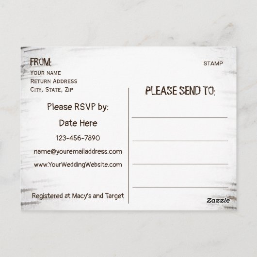 Rustikales Birch Tree Herzenslust Einladung Postkarte (Rückseite)