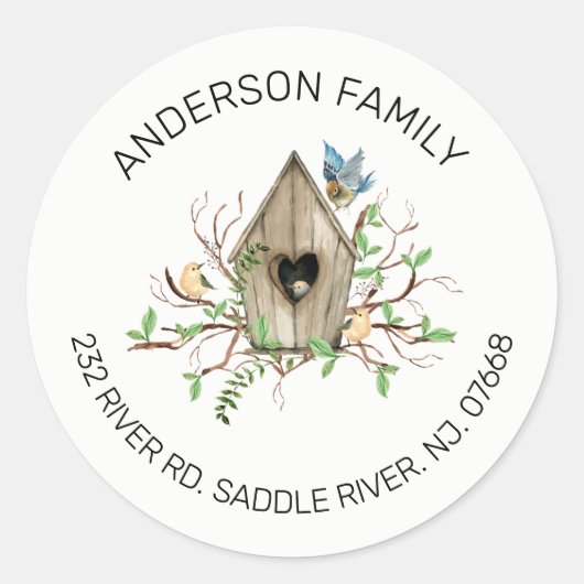 Rustikales Birdhouse | Neue Zuhause-Adressenaufkle Runder Aufkleber (Vorderseite)