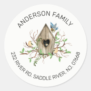 Rustikales Birdhouse   Neue Zuhause-Adressenaufkle Runder Aufkleber
