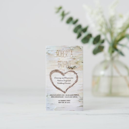 Rustikales Birkenbaum Herzenskarven Visitenkarte (Stehend Vorderseite)