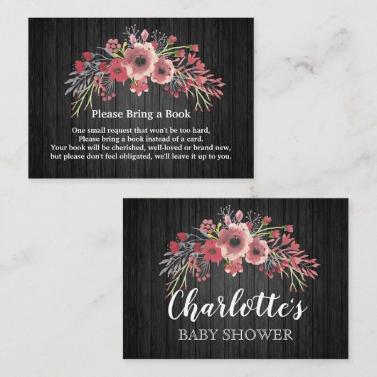 Rustikales Black Wood Floral Babydusche Buchanfrag Begleitkarte (Vorne/Hinten)