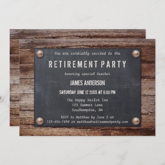 Rustikales Blackboard bei der Einladung zum Holzsc (Vorne/Hinten)