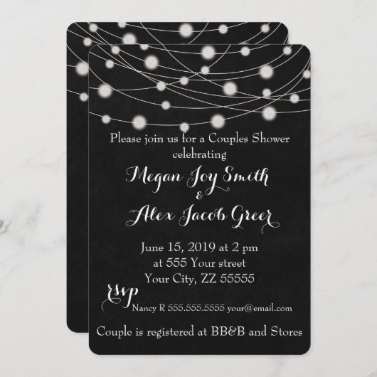 Rustikales Blackboard und String Lights Paare Dusc Einladung (Vorne/Hinten)