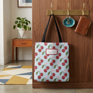 Rustikales Blau-Gingham und Kirschen-Monogramm Tasche