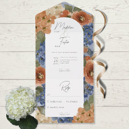 Rustikales Blau und Burnt Orange Rostflora Kein Ab All In One Einladung