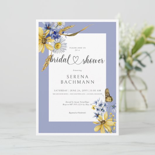 Rustikales Blau und Gelbe Wildblumen Brautparty Einladung (Stehend Vorderseite)