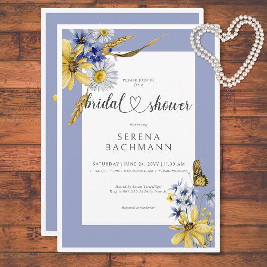Rustikales Blau und Gelbe Wildblumen Brautparty Einladung