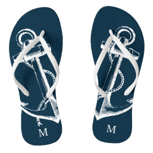 Rustikales Blau Vintage Anker Monogramm Badesandalen