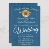 Rustikales Blauer Barnholz, Goldene Sonnenblumenho Einladung (Vorne/Hinten)