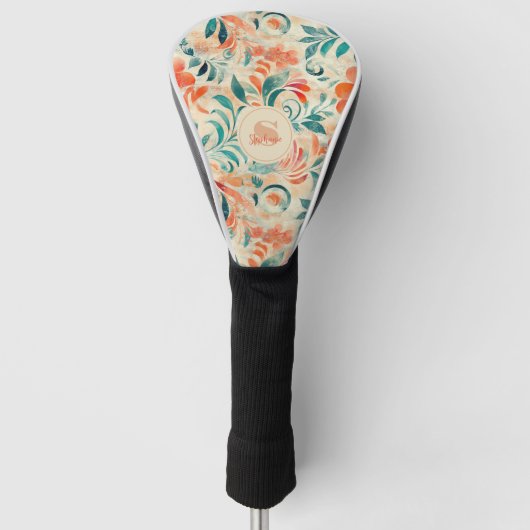 Rustikales blaues Blätter und roorfarbenes Blumenm Golf Headcover (Vorderseite)