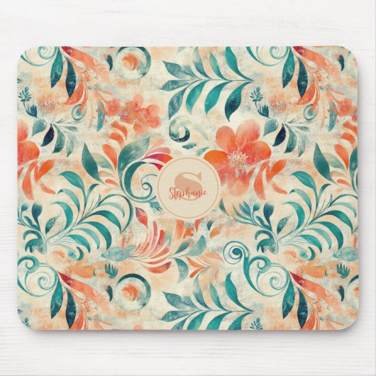 Rustikales blaues Blätter und roorfarbenes Blumenm Mousepad (Vorne)