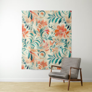 Rustikales blaues Blätter und roorfarbenes Blumenm Wandteppich