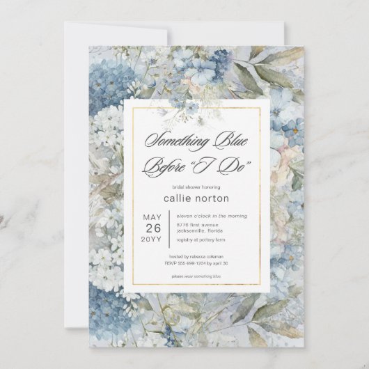 Rustikales blaues Blümchen Etwas Blaues Brautparty Einladung (Vorderseite)