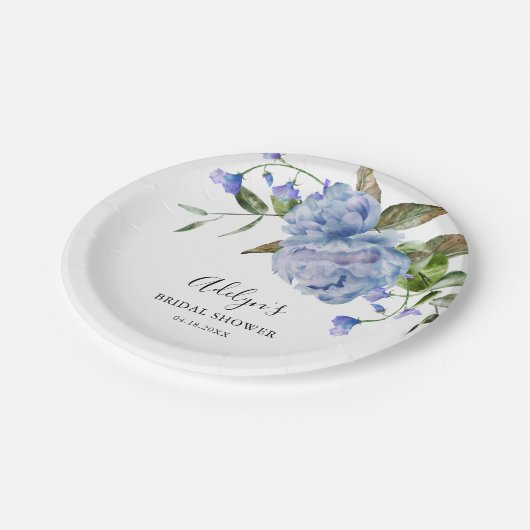 Rustikales blaues Blume Grünes Brautparty Pappteller (Schrägansicht)