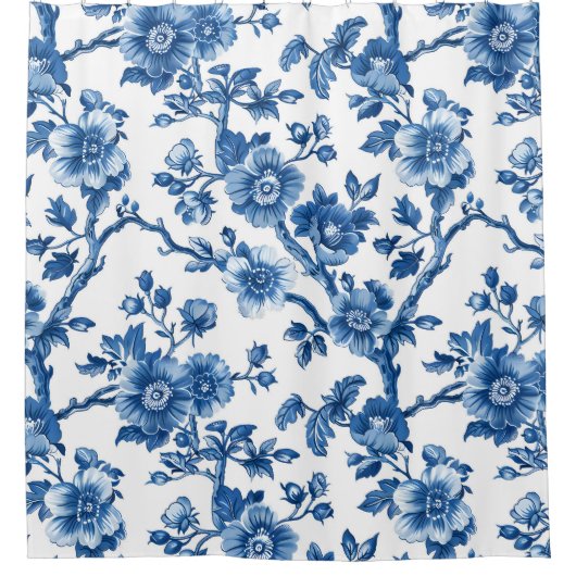 Rustikales blaues Blumenmuster Duschvorhang (Vorderseite)