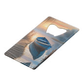 Rustikales blaues Boot Morning Sky Reflektion Geldbeutel Flaschenöffner (Rückseite Schrägansicht)