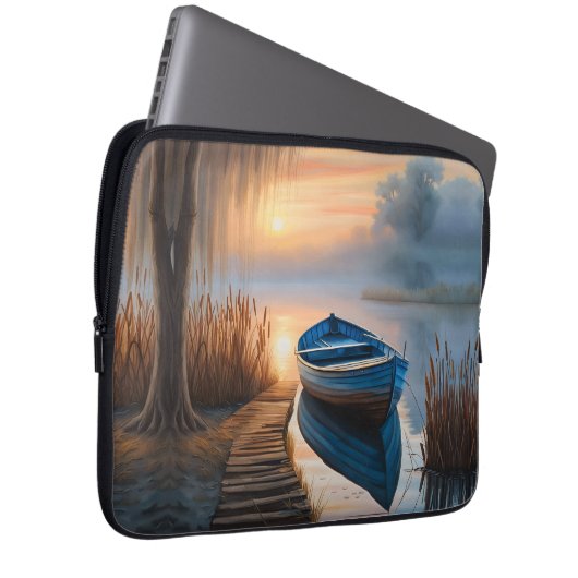 Rustikales blaues Boot Morning Sky Reflektion Laptopschutzhülle (Vorne Rechts)