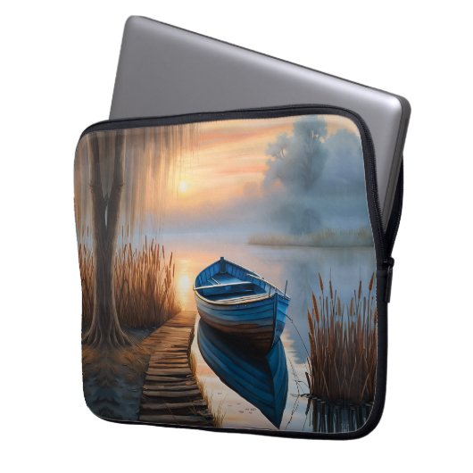 Rustikales blaues Boot Morning Sky Reflektion Laptopschutzhülle (Vorderseite Links)