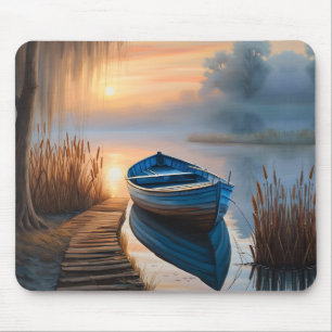 Rustikales blaues Boot Morning Sky Reflektion Mousepad