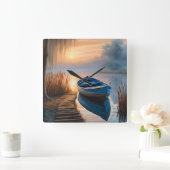 Rustikales blaues Boot Morning Sky Reflektion Quadratische Wanduhr (Zuhause)
