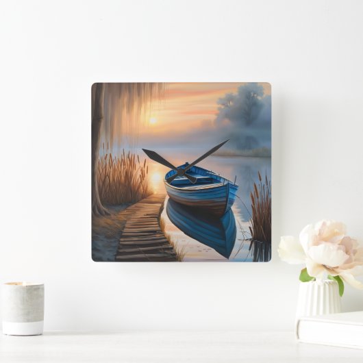 Rustikales blaues Boot Morning Sky Reflektion Quadratische Wanduhr (Zuhause)