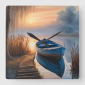 Rustikales blaues Boot Morning Sky Reflektion Quadratische Wanduhr (Vorderseite)