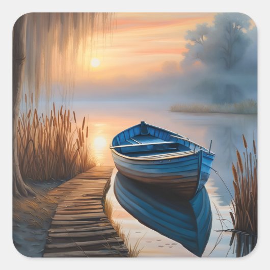 Rustikales blaues Boot Morning Sky Reflektion Quadratischer Aufkleber (Vorderseite)