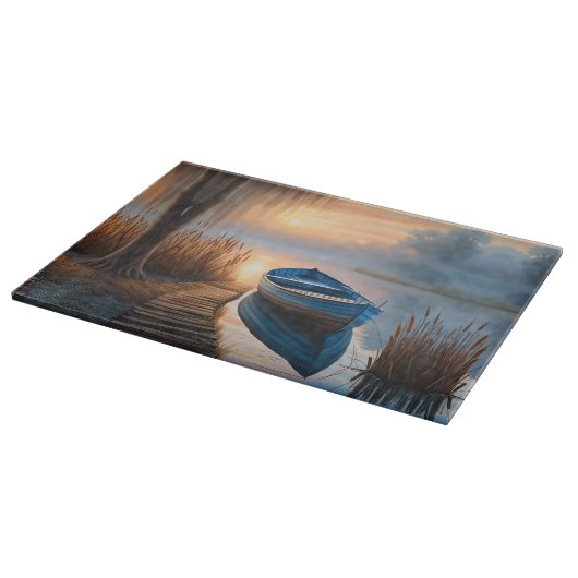 Rustikales blaues Boot Morning Sky Reflektion Schneidebrett (Ecke)