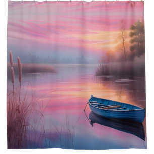 Rustikales blaues Boot rosa Himmel Reflexion Duschvorhang