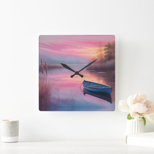 Rustikales blaues Boot rosa Himmel Reflexion Quadratische Wanduhr (Zuhause)