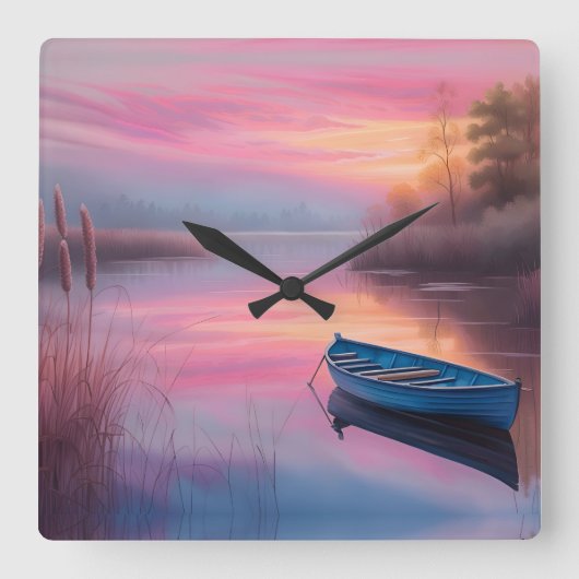 Rustikales blaues Boot rosa Himmel Reflexion Quadratische Wanduhr (Vorderseite)