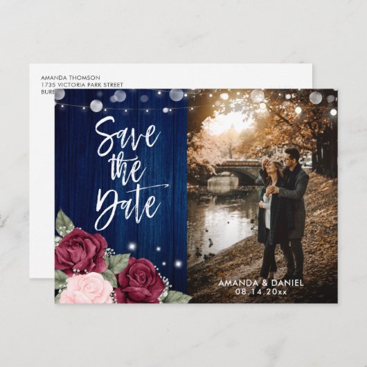 Rustikales blaues Burgunder Blush Foto Ankündigungspostkarte (Vorne/Hinten)