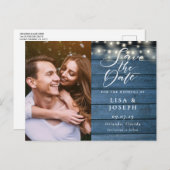 Rustikales blaues Foto mit String Lights Save the Postkarte (Vorne/Hinten)