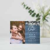 Rustikales blaues Foto mit String Lights Save the Postkarte (Stehend Vorderseite)