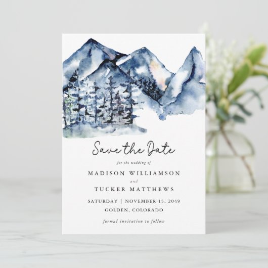 Rustikales Blaues Gebirge Wasserfarbe Save the Dat Save The Date (Stehend Vorderseite)