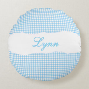 Rustikales blaues Gingham mit personalisiertem Nam Rundes Kissen