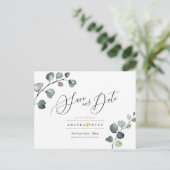 Rustikales blaues Gummi Foliage Save the Date Postkarte (Stehend Vorderseite)