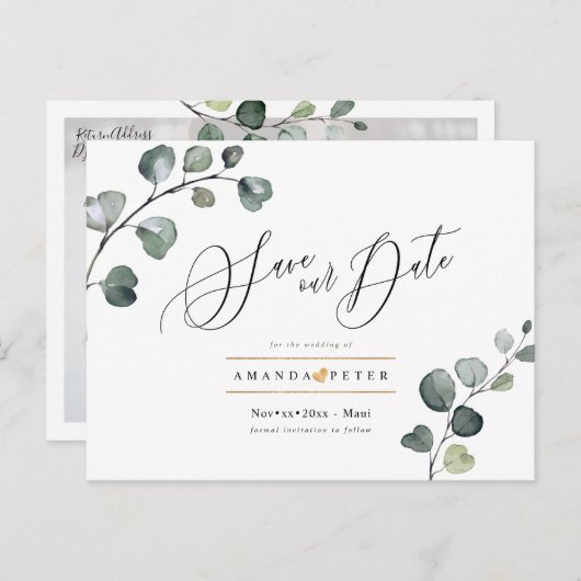 Rustikales blaues Gummi Foliage Save the Date Postkarte (Vorne/Hinten)