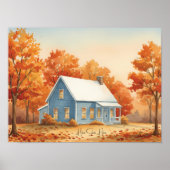 Rustikales blaues Haus im Herbstwald Wasserfarbe Poster (Vorne)
