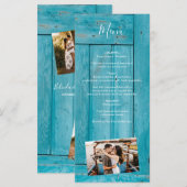 Rustikales blaues Holz 4 Fotos Hochzeit Menükarte (Vorne/Hinten)