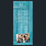 Rustikales blaues Holz 4 Fotos Hochzeit Menükarte<br><div class="desc">Dieses Design ist mit einem blauen rustikalen Holzhintergrund mit einer Auswahl an Fotos für Ihr persönliches Paar ausgestattet. Der rustikal blaue Holzboden wird durch den weißen Text und 3 persönliche Fotos ergänzt. Die blauen Holztöne schaffen ein rustikales Wassergefühl. Elegantes Hochzeitsmenü-Kartendesign mit modernen Elementen. Auch die passenden Hochzeitseinladungen und andere Schreibwaren...</div>
