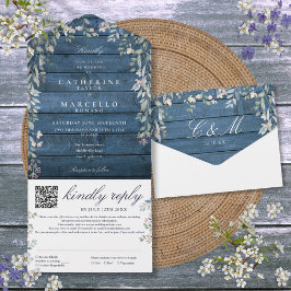 Rustikales blaues Holz Blumengrün QR Code Hochzeit All In One Einladung