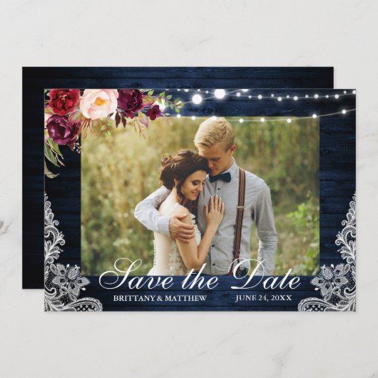 Rustikales blaues Holz Blütenleuchten Spitzen-Foto Save The Date (Vorne/Hinten)