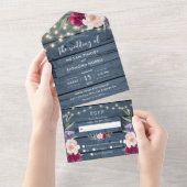 Rustikales blaues Holz | Burgundy Wedding All In One Einladung (Abreißen)