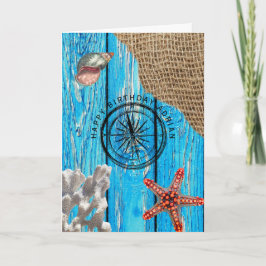 Rustikales blaues Holz Burlap Starfish Geburtstag Karte