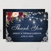 Rustikales blaues Holz Hochzeit florales Jar Light Dankeskarte (Vorne/Hinten)