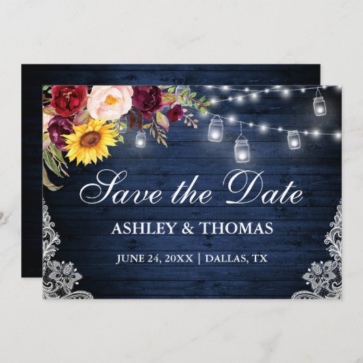 Rustikales blaues Holz Jar Lights Mixed Floral Lac Save The Date (Vorne/Hinten)