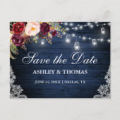 Rustikales blaues Holz Leuchten Jars floral Save t Ankündigungspostkarte (Vorderseite)